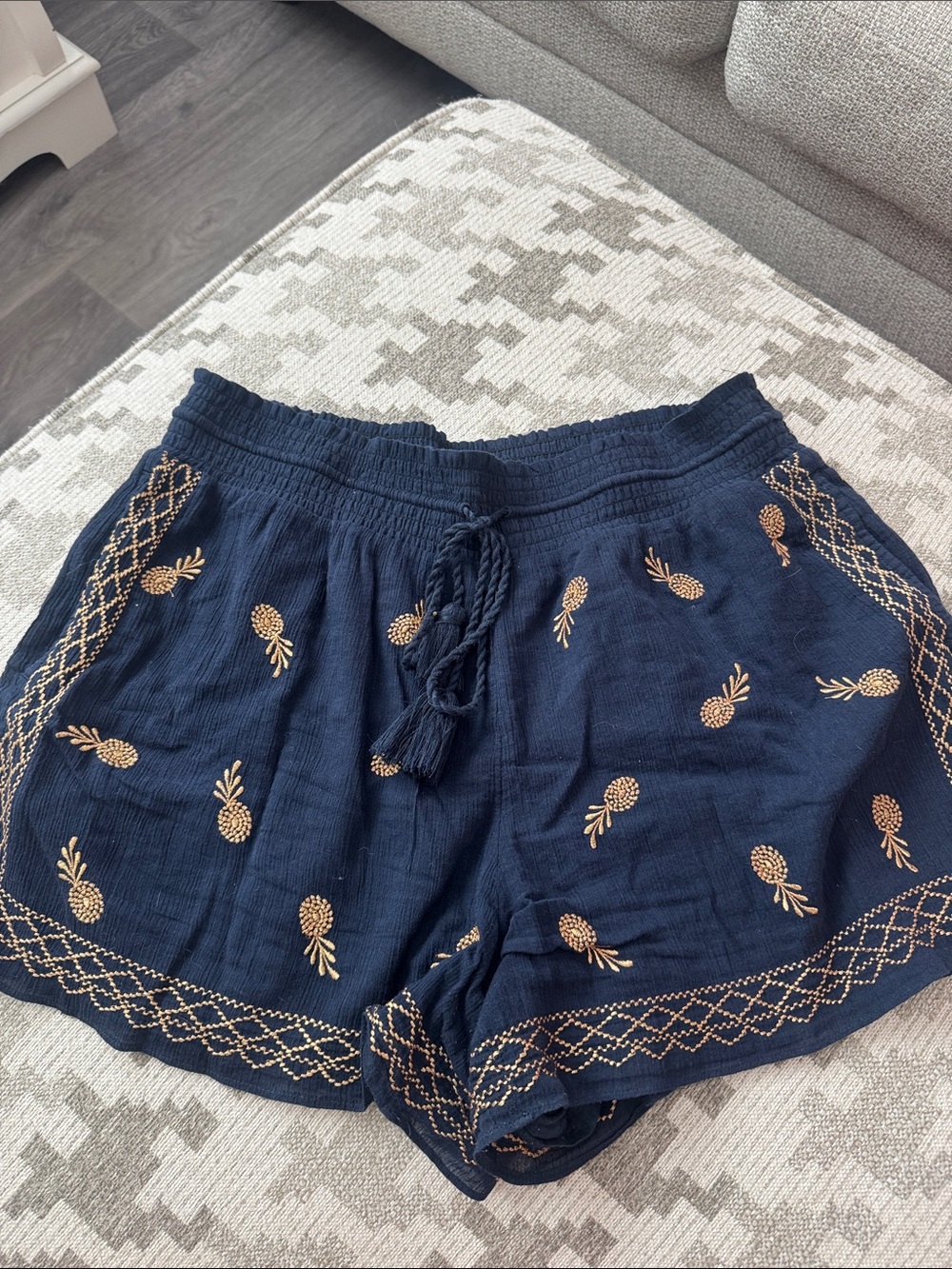 J. Crew Navy Shorts with Gold Pineapple Embroidery